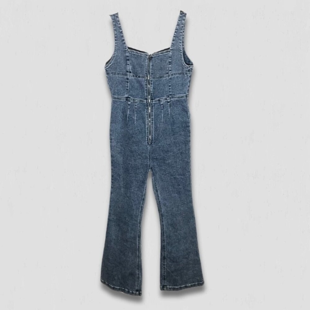 Y2K denim jumpsuit bell-bottoms blue zip sexy fitted look groovy hippie boho M